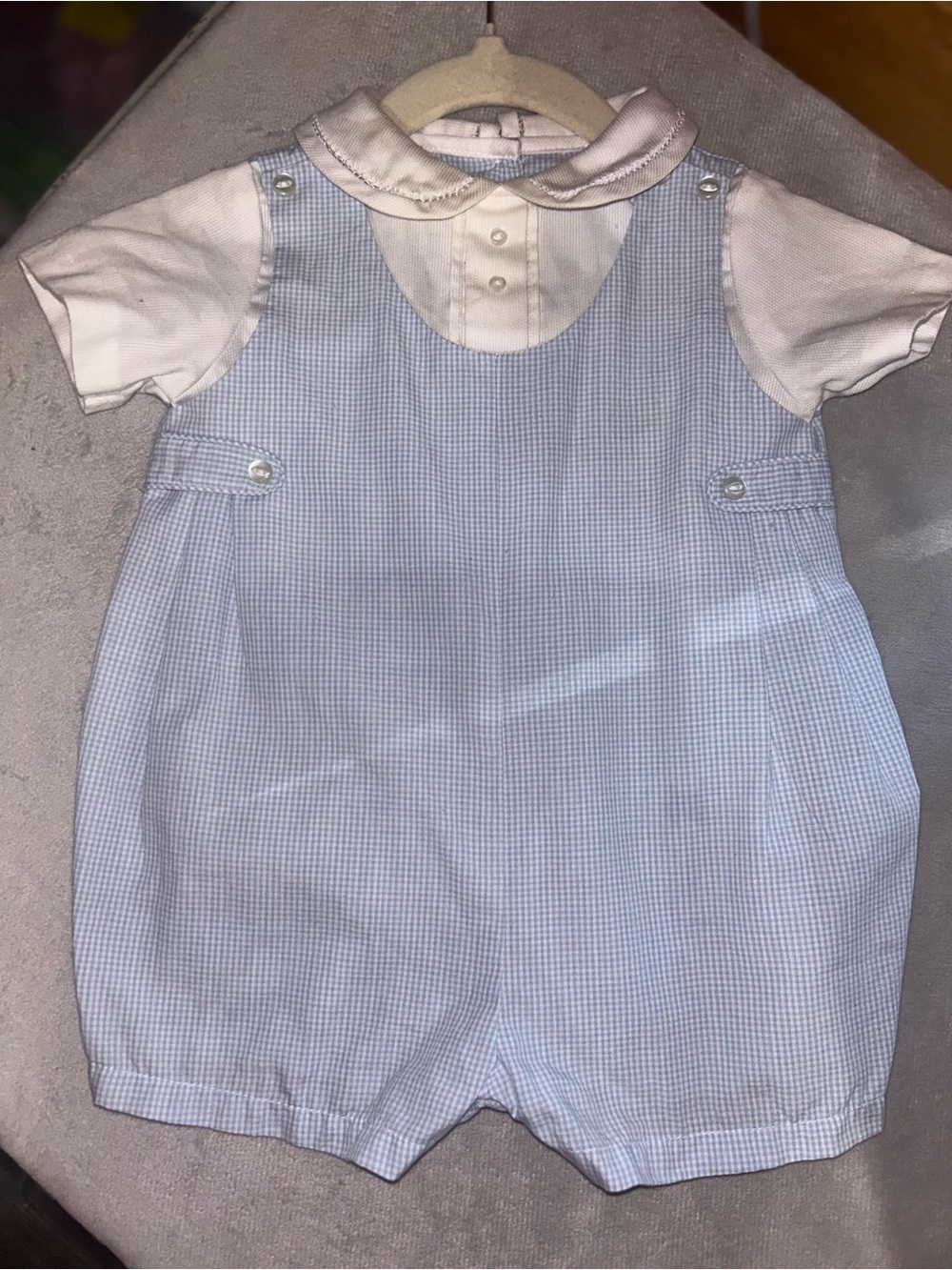 Petit Ami Blue Gingham Shortall with White Peter Pan Collar